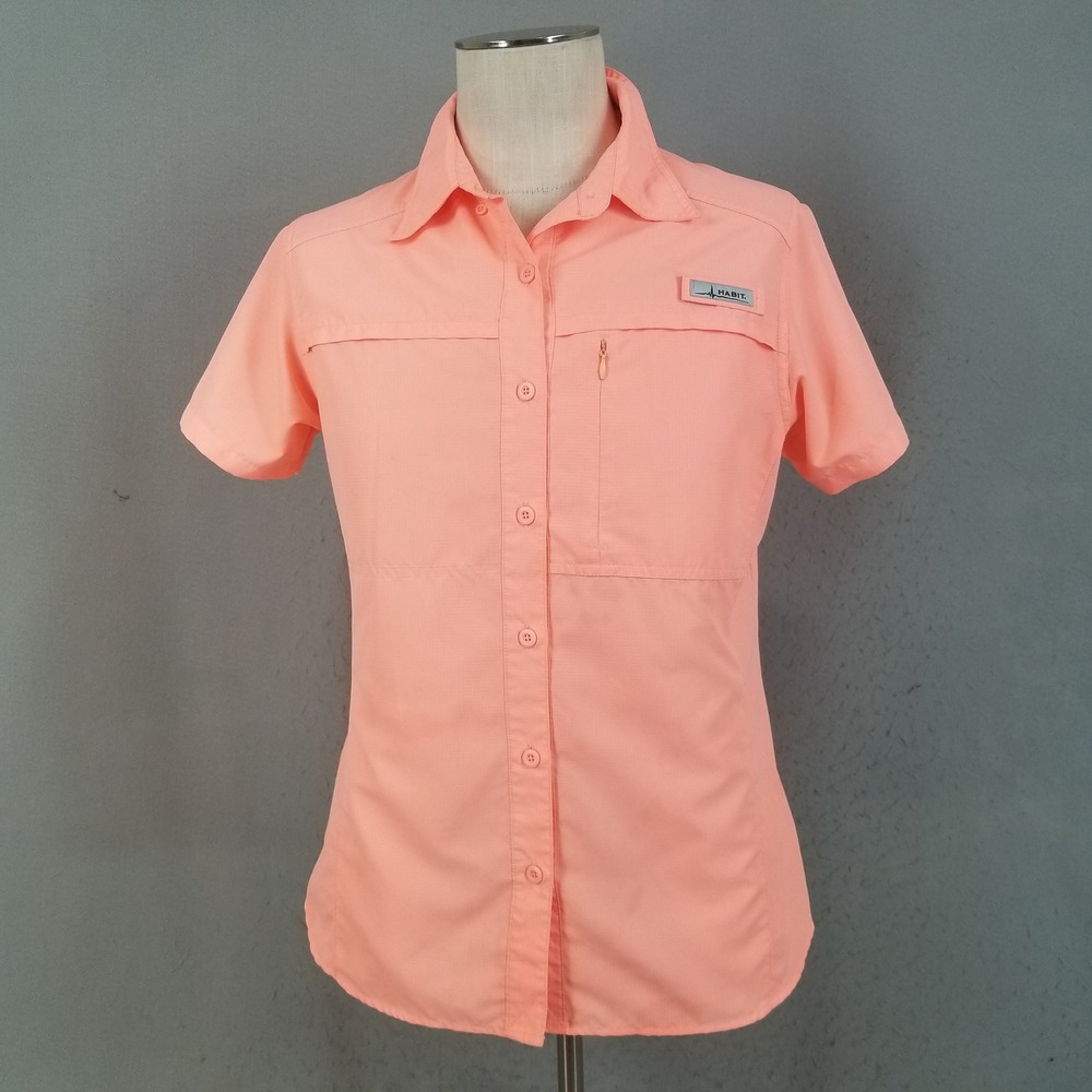 Habit Fishing Shirt Womens Large Peach Solar Factor Ripstop Short Sleeve Button